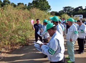 農地パトロールで現状を確認する参加者＝28日、伊良部佐和田