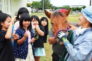 宮古馬と触れ合う児童たち＝６日、鏡原小運動場