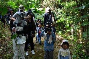 双眼鏡で鳥の姿を探す参加者ら＝１２日、大野山林