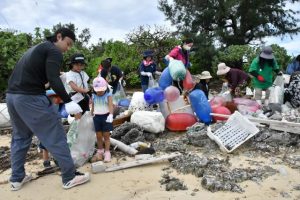 漂着ごみなどを手分けして拾い集める参加者ら＝２５日、市伊良部の佐和田の浜